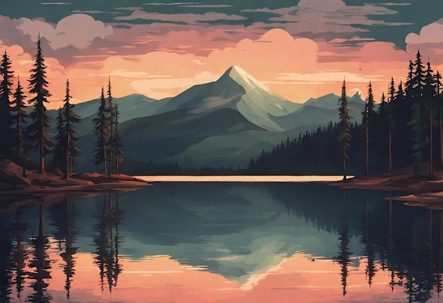 Photo a painting of a mountain and lake with trees in the foreground