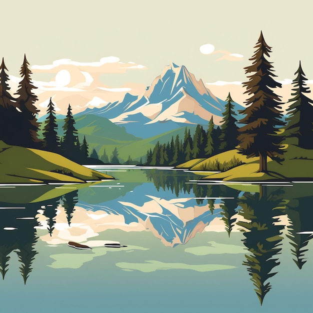 a painting of a mountain lake with trees and mountains in the background