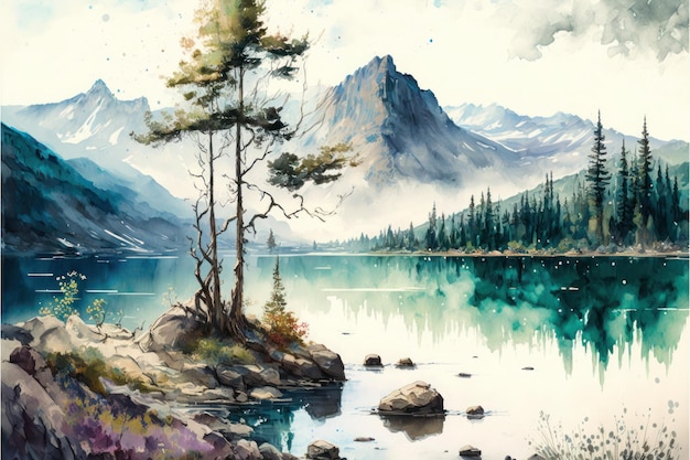 A painting of a mountain lake with trees on the shore.