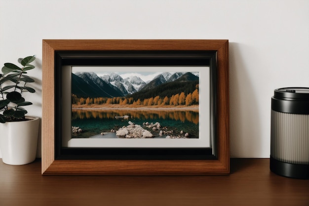 A painting of a mountain lake with a wooden frame that says " the name " on it.
