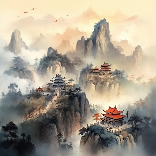 Картина горного пейзажа китайская каллиграфия акварельное искусство