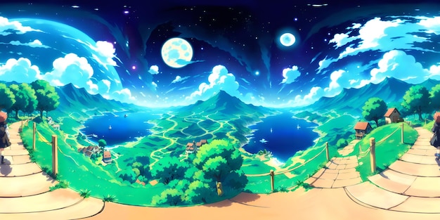 Foto un dipinto di un paesaggio montano con una luna blu e stelle hdri 360