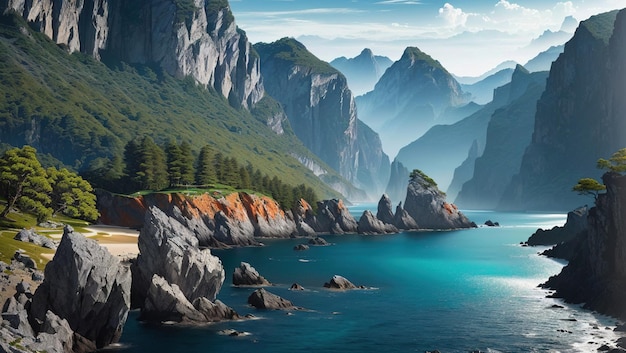 A painting of a mountain landscape with a blue ocean and mountains in the background.