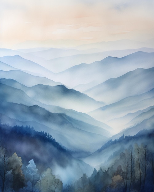 A painting of a mountain landscape with a blue sky and fog.