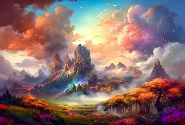 구름과 무지개가 있는 산 풍경 그림.