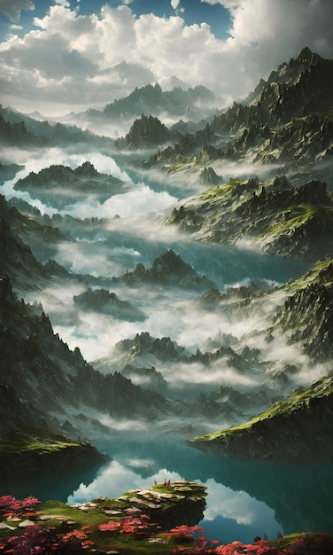 A painting of a mountain landscape with clouds and the words'mountain '