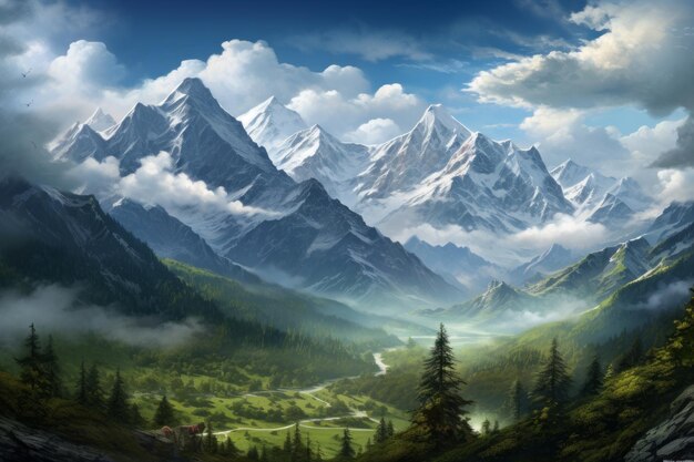 A Painting of a Mountain Landscape With Clouds