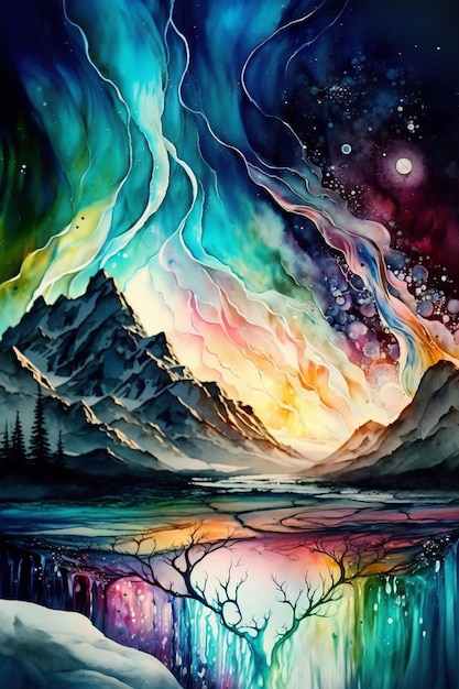 A painting of a mountain landscape with the colors of the rainbow.