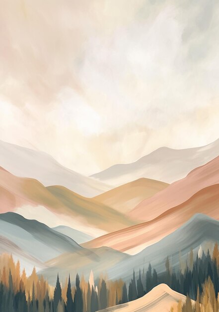 painting of a mountain landscape with a few trees in the foreground generative ai