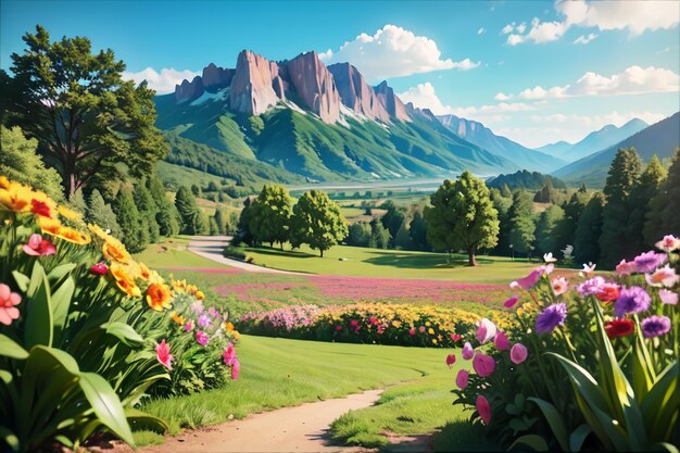 A painting of a mountain landscape with flowers and a path leading to it