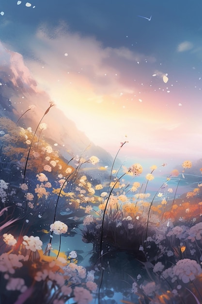 A painting of a mountain landscape with flowers and a sky with clouds.