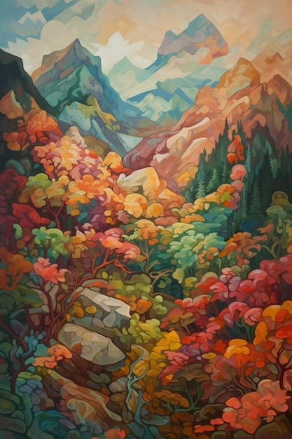 A painting of a mountain landscape with a forest and mountains in the background.