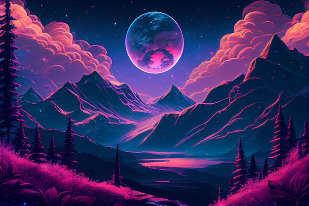 A painting of a mountain landscape with a full moon, Generative AI