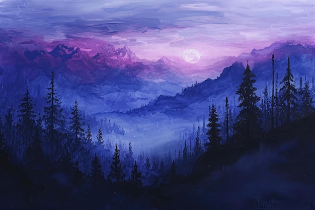Картина горного пейзажа с полной луной, освещающей заснеженные вершины. Постепенное смешивание темно-фиолетовых оттенков сумерек, исчезающих в полуночный блюз.