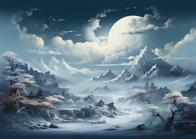 painting of a mountain landscape with a full moon in the sky generative ai