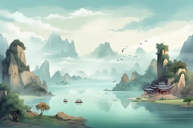 水中に家とボートがある山の風景を描いた絵。