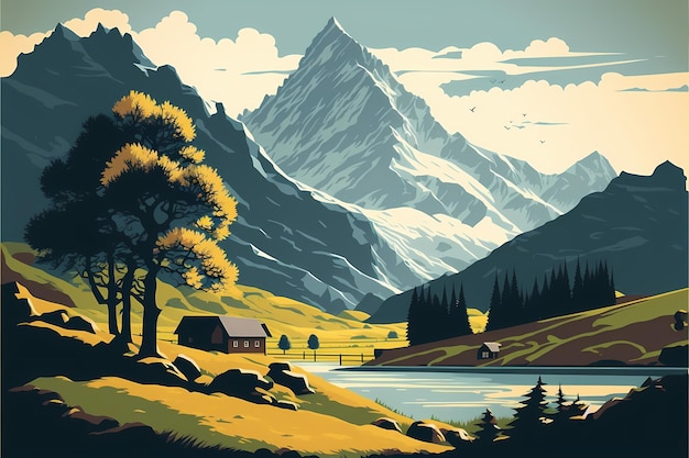家と湖のある山の風景を描いた絵。