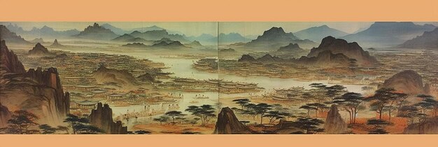 背景に湖がある山の風景の絵画