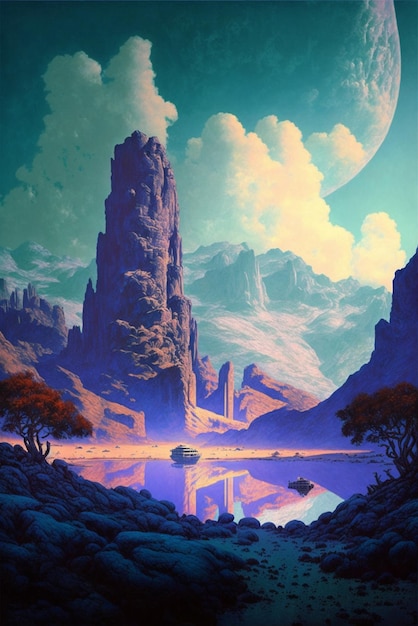 Painting of a mountain landscape with a lake in the foreground generative ai