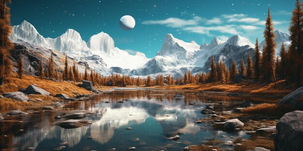 painting of a mountain landscape with a lake and a moon generative ai