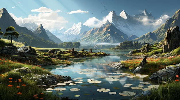 A painting of a mountain landscape with a lake and mountain