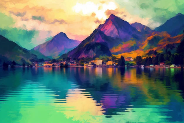 背景に湖と山がある山の風景の絵。