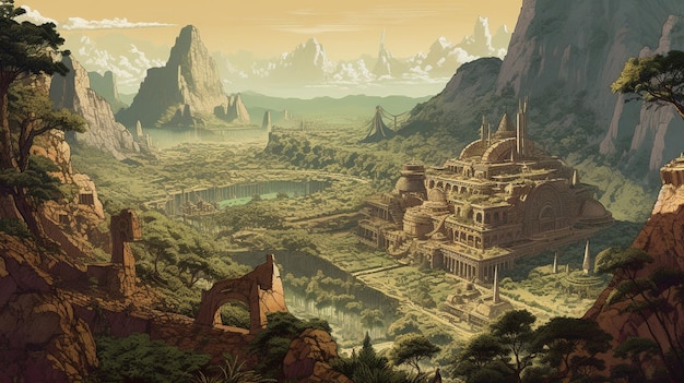 A painting of a mountain landscape with a large building in the middle.