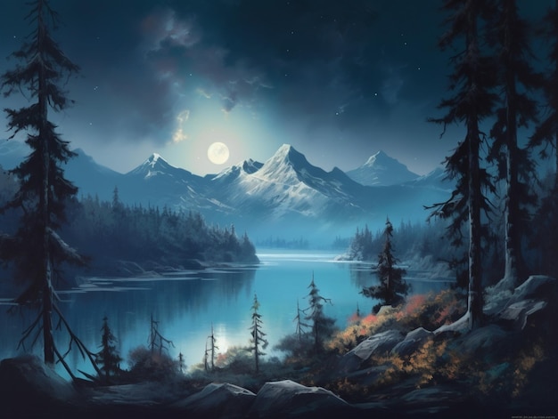 A painting of a mountain landscape with a moon in the sky