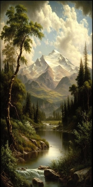 A painting of a mountain landscape with a mountain in the background.