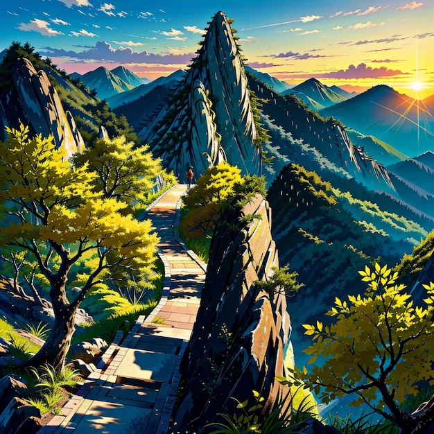 A painting of a mountain landscape with a mountain in the background.