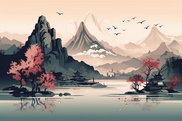 A painting of a mountain landscape with a mountain and a lake with a mountain in the background.