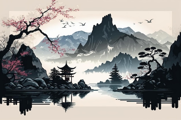 A painting of a mountain landscape with a mountain and a pagoda.