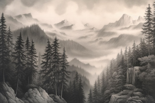 A painting of a mountain landscape with a mountain range in the distance.