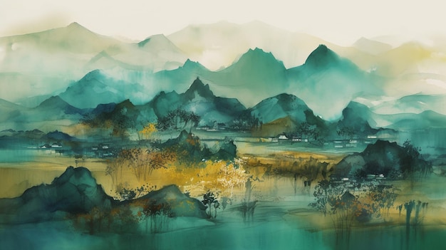 A painting of a mountain landscape with mountains in the background.