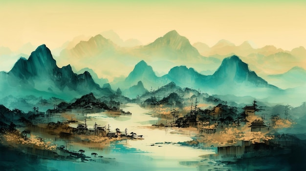 A painting of a mountain landscape with mountains and a blue sky.