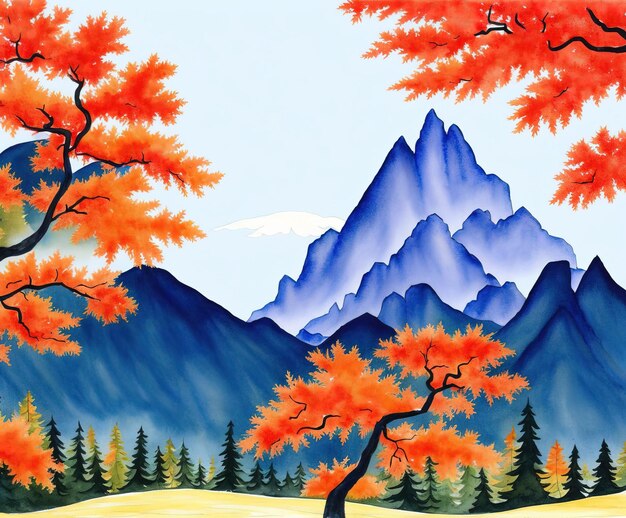 Painting of mountain landscape with mountains and forest