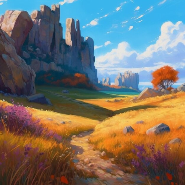 Painting of a mountain landscape with a path through the grass generative ai