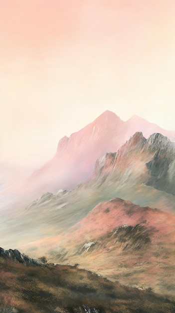 A painting of a mountain landscape with a pink sky and the words'mountain'on it