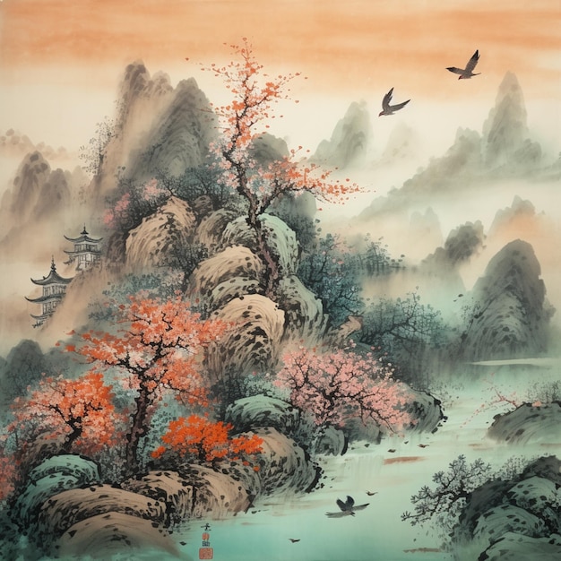 Painting of a mountain landscape with a river and birds flying over it generative ai