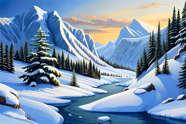 Картина горного пейзажа с рекой и лесом на переднем плане.