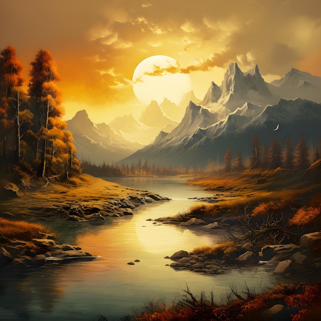 Painting of a mountain landscape with a river and a full moon Generative AI