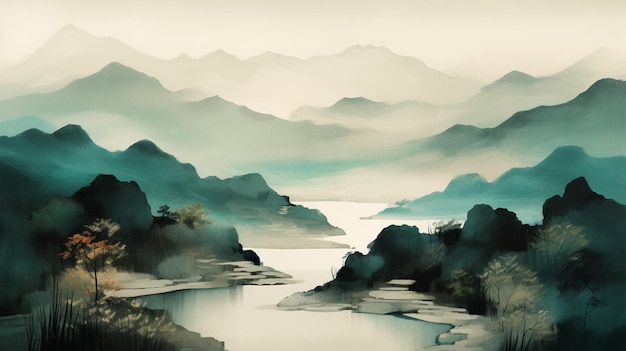 A painting of a mountain landscape with a river and mountains in the background.