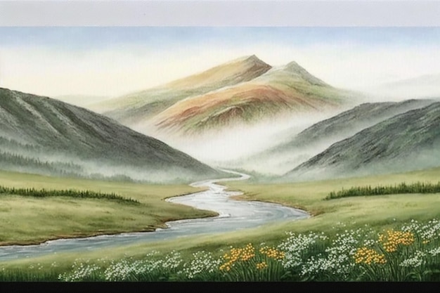 A painting of a mountain landscape with a river running through it.