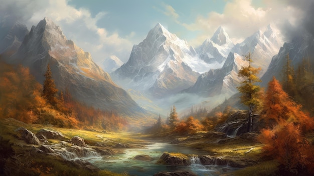 A painting of a mountain landscape with a river running through it.