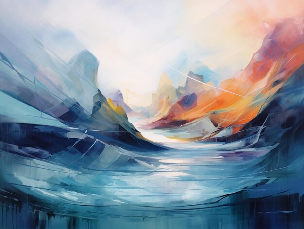 Painting of a mountain landscape with a river and a sky generative ai