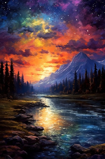 Painting of a mountain landscape with a river and a sunset generative ai