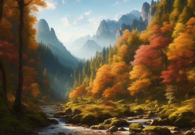 A painting of a mountain landscape with a river and trees in the foreground.