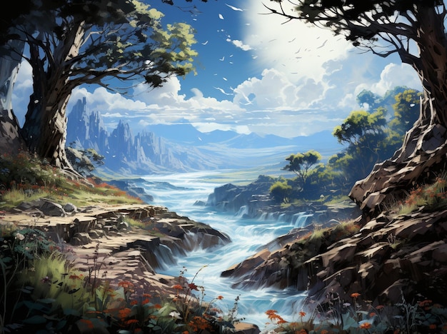 painting of a mountain landscape with a river and trees generative ai