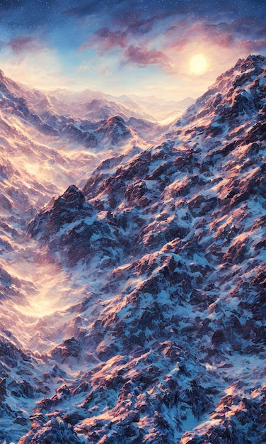 A painting of a mountain landscape with snow winter season ai generated art