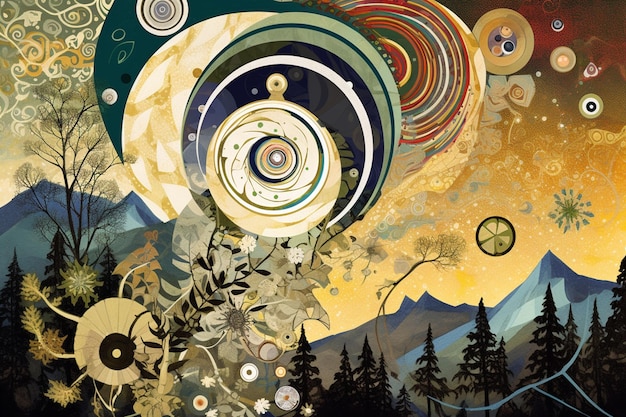 A painting of a mountain landscape with a spiral design.